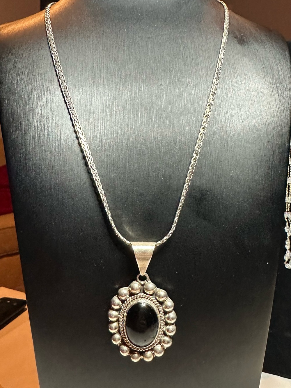 Taxco Silver Necklace with Black Oval Stone Pendant - Picture 2 of 3